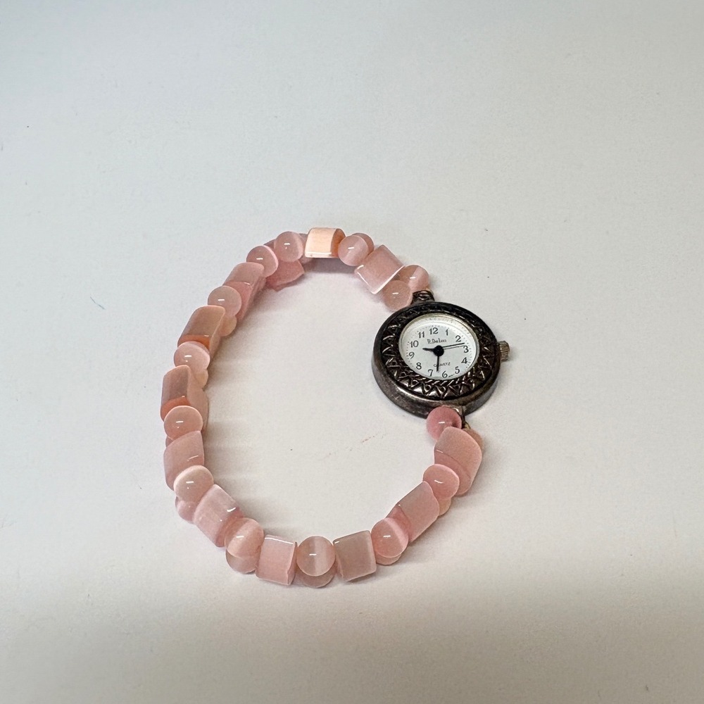 Paris DeLon Pink Cats Eye Beaded Stretch Bracelet Watch Silver Tone Boho